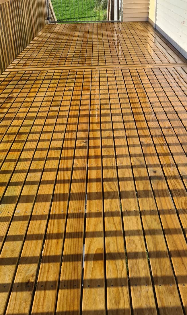 The same deck after Spray Away's bleach-free timber wash