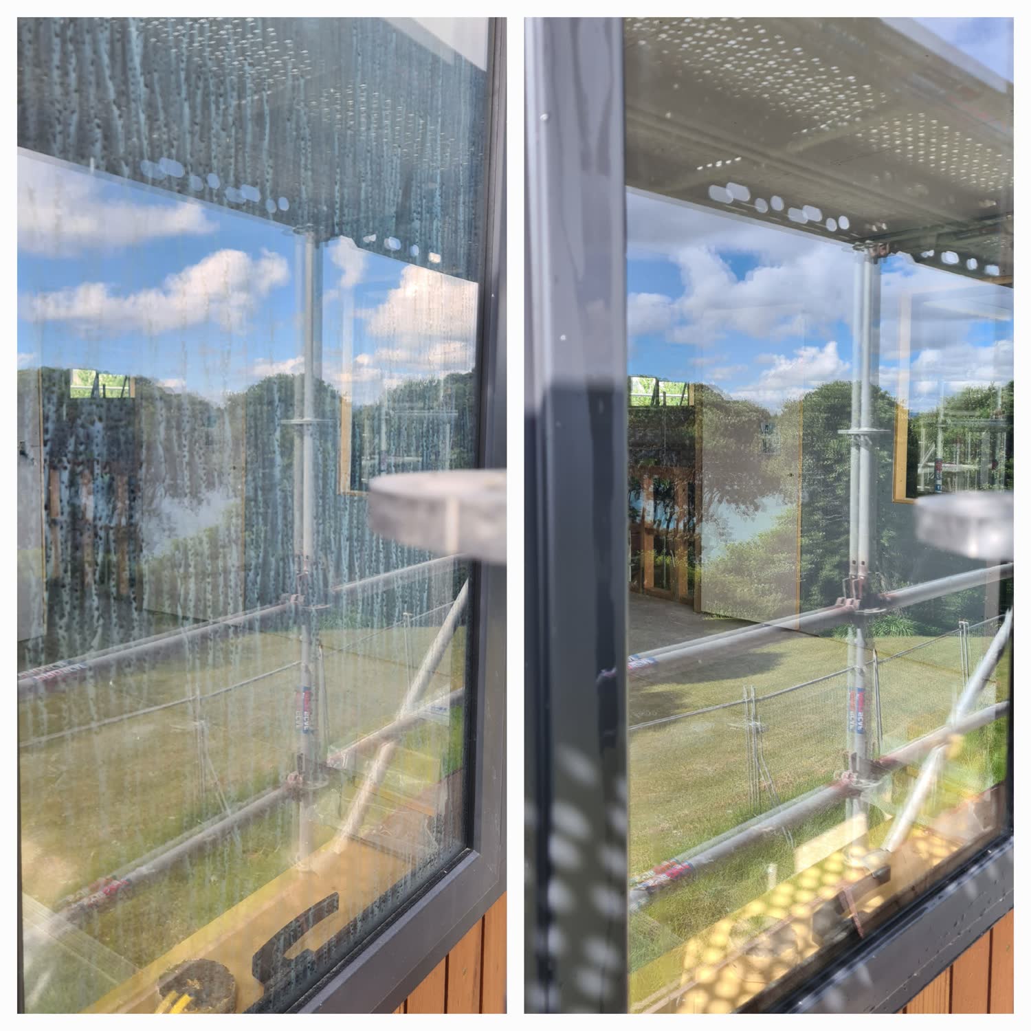 Before and after exterior window cleaning with a pure water system